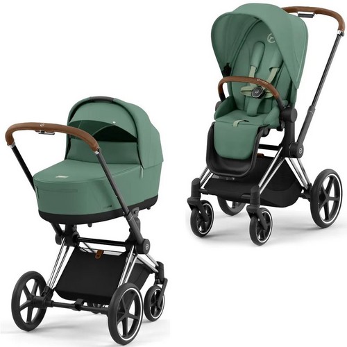 Carucior 2 in 1 Cybex Priam 4.0 Cadru Chrome Brown, Leaf Green