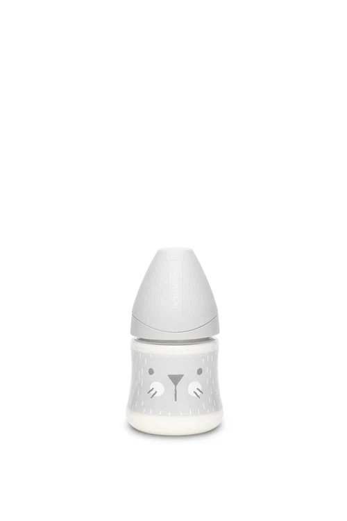 Бутылочка с круглой соской Hygge Kitty, Suavinex, 150 мл, медленный поток, силикон, 0+ месяцев, серый
