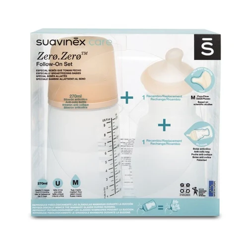 Set Biberon si Tetina Anticolici cu Rezerve Zero, Suavinex, 0+ Luni, Silicon, 270 ml, Transparent