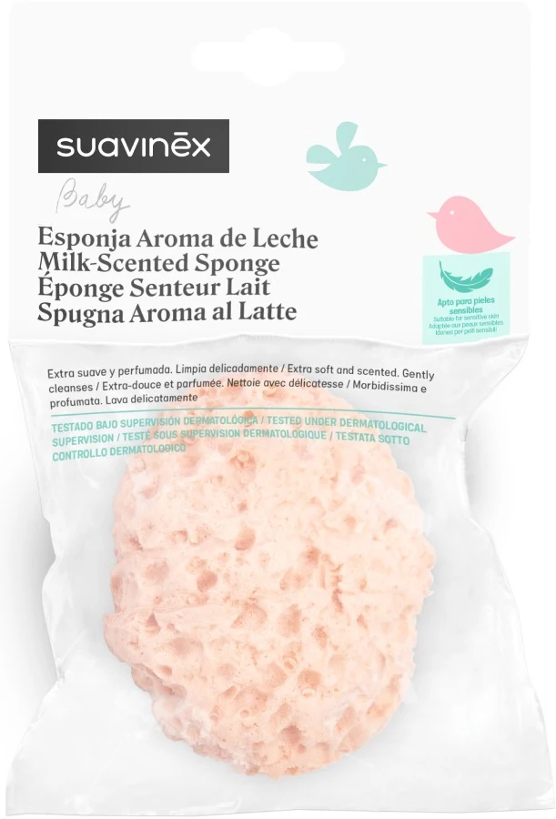 Губка для купания с ароматом молока, Suavinex, 0+ месяцев, розовая 2