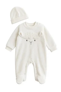 BabyCosy — Set pentru nou-născuți din salopetă cu botoșei și căciuliță, alb, 100% bumbac organic