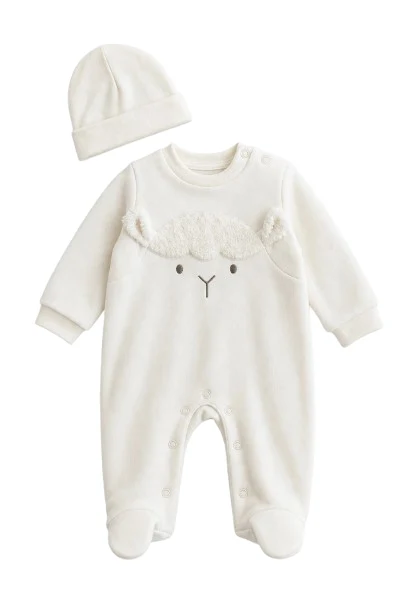 BabyCosy — Set pentru nou-născuți din salopetă cu botoșei și căciuliță, alb, 100% bumbac organic