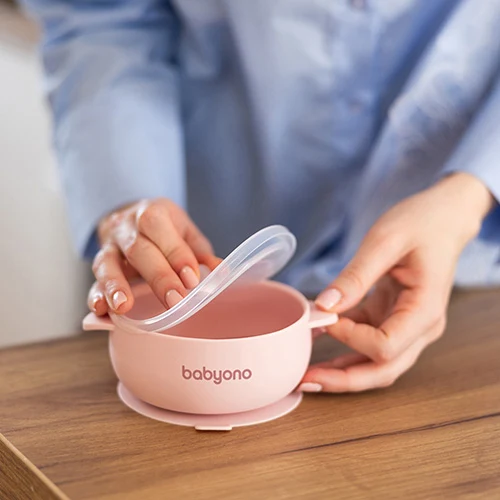 Bol din silicon cu ventuză și capac Pink, Babyono 4