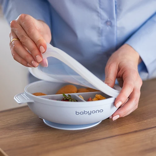  Farfurie din silicon cu ventuză și capac Albastru, Babyono 2
