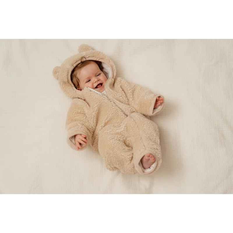 Salopeta captusita cu gluga din material teddy - Baby Bunny Sand - Little Dutch - 62/68 4