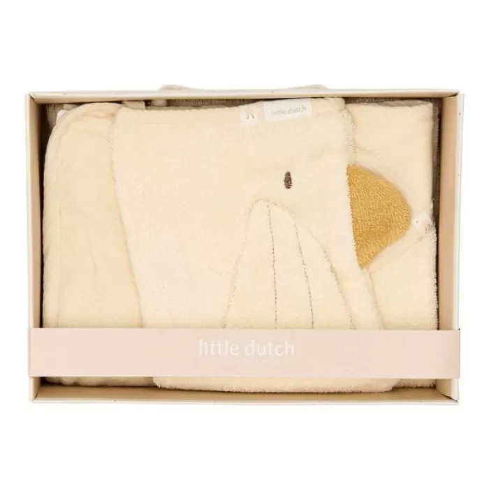 Set cadou cu prosop cu gluga si manusa de baie din bumbac organic pentru bebelusi - Little Goose - L 3