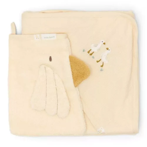 Set cadou cu prosop cu gluga si manusa de baie din bumbac organic pentru bebelusi - Little Goose - L