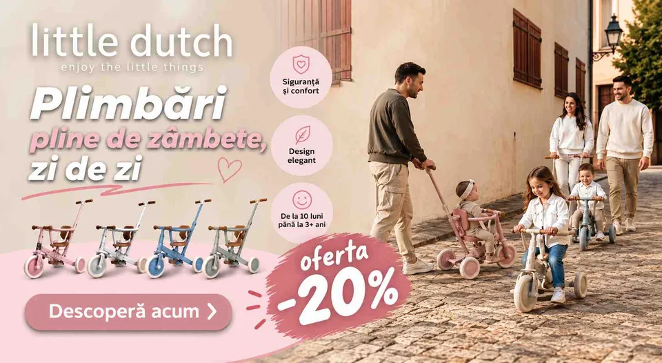 Promo 20% la Tricicleta 4 in 1 cu bara de împingere - Little Dutch